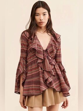 NWT Free People Knitted Ruffled Long Sleeve Boho Chic V Neck Peasant Blouse XS